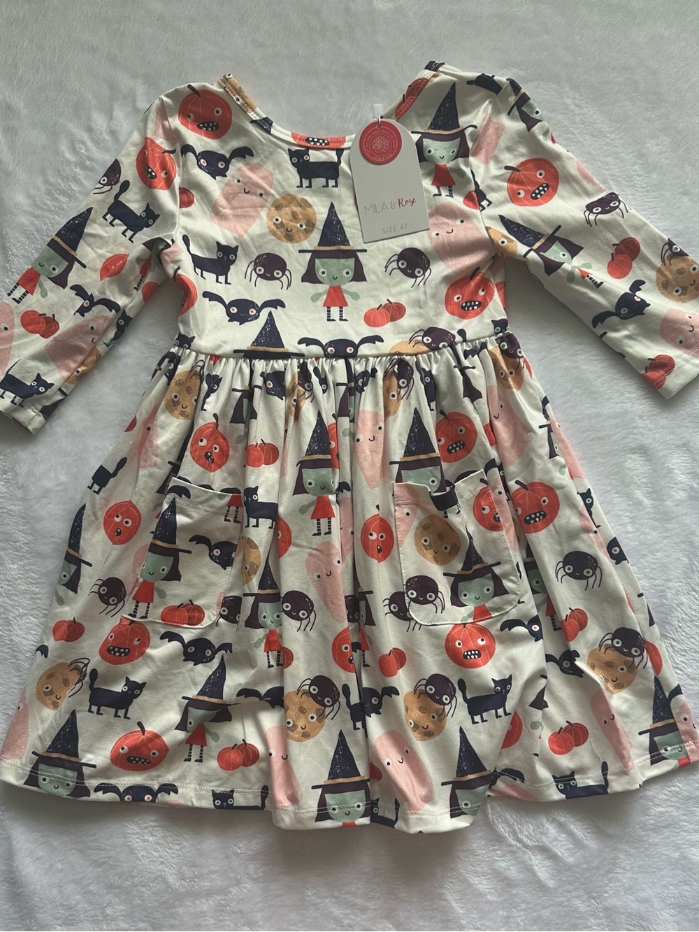 Girls' Halloween Witch Print Dress in Cream and Orange
